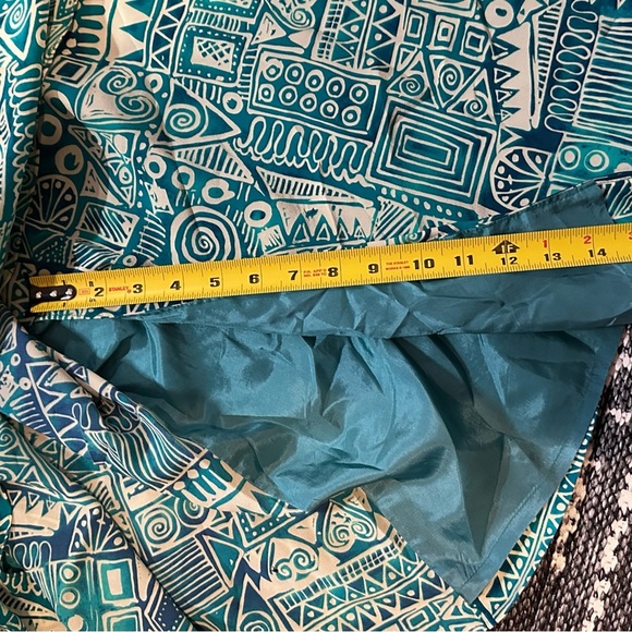 Silk Dress - Size 24 Slimming Faux Wrap by Spenser Jeremy Blue Geometric Midi - Picture 4 of 14